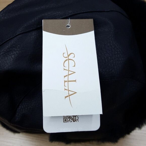 SCALA Trapper Hat Mens Large Black Faux Leather Faux Fur Ear Flaps Lined Winter - Picture 5 of 9